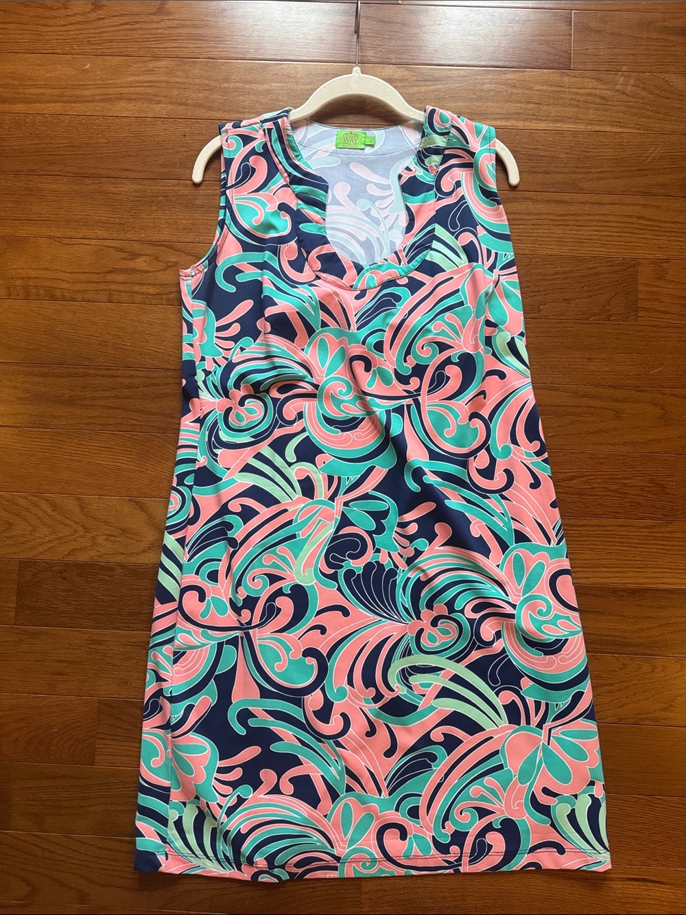 Katherine Way Pink and Blue Sheath Dress Scoop Neck Midi
